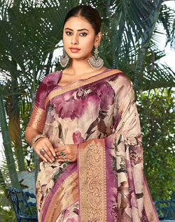 Collection of Mauve Purple Graphic Print smooth Dola Silk Saree in a gallery layout