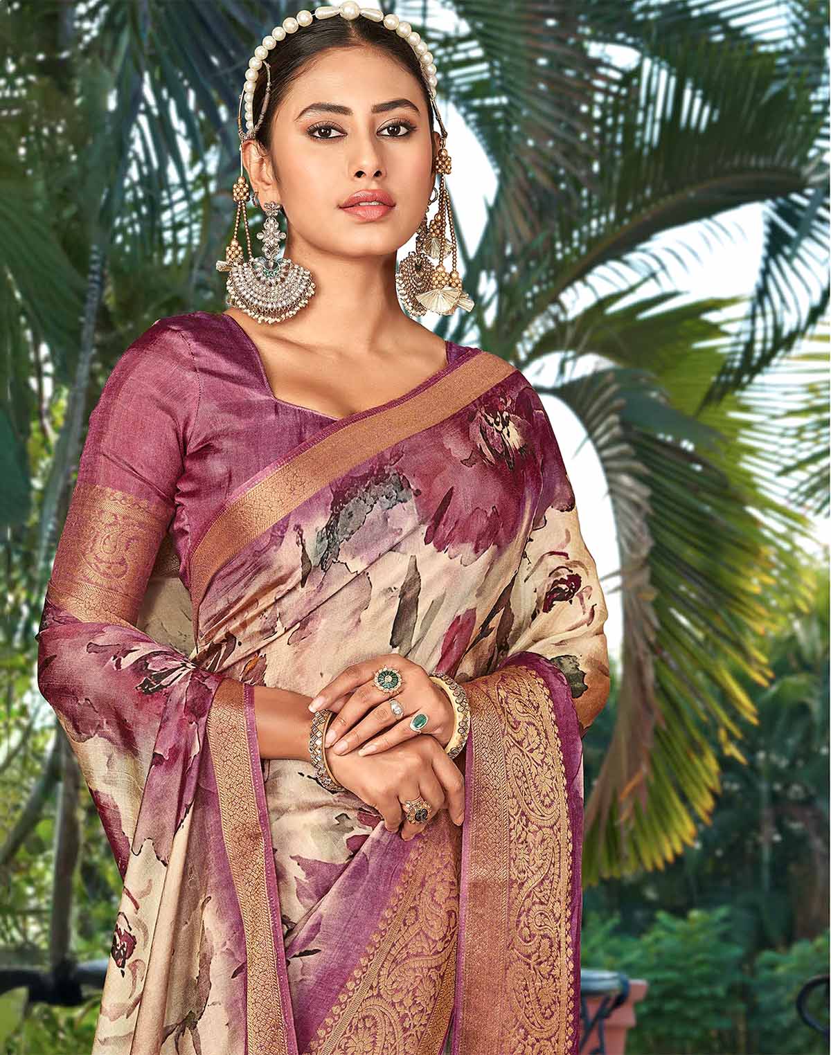 Collection of Mauve Purple Graphic Print smooth Dola Silk Saree in a gallery layout