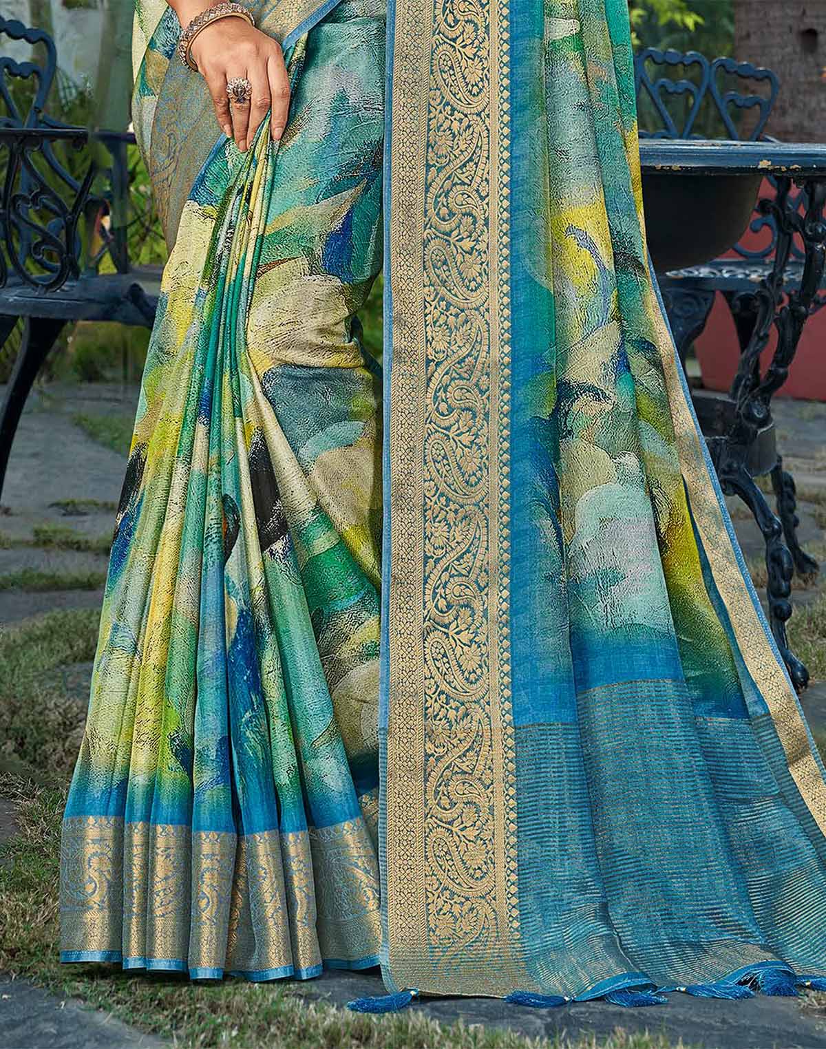 Collection of Teal Blue Graphic Print Party Wear Dola Silk Saree in a gallery layout