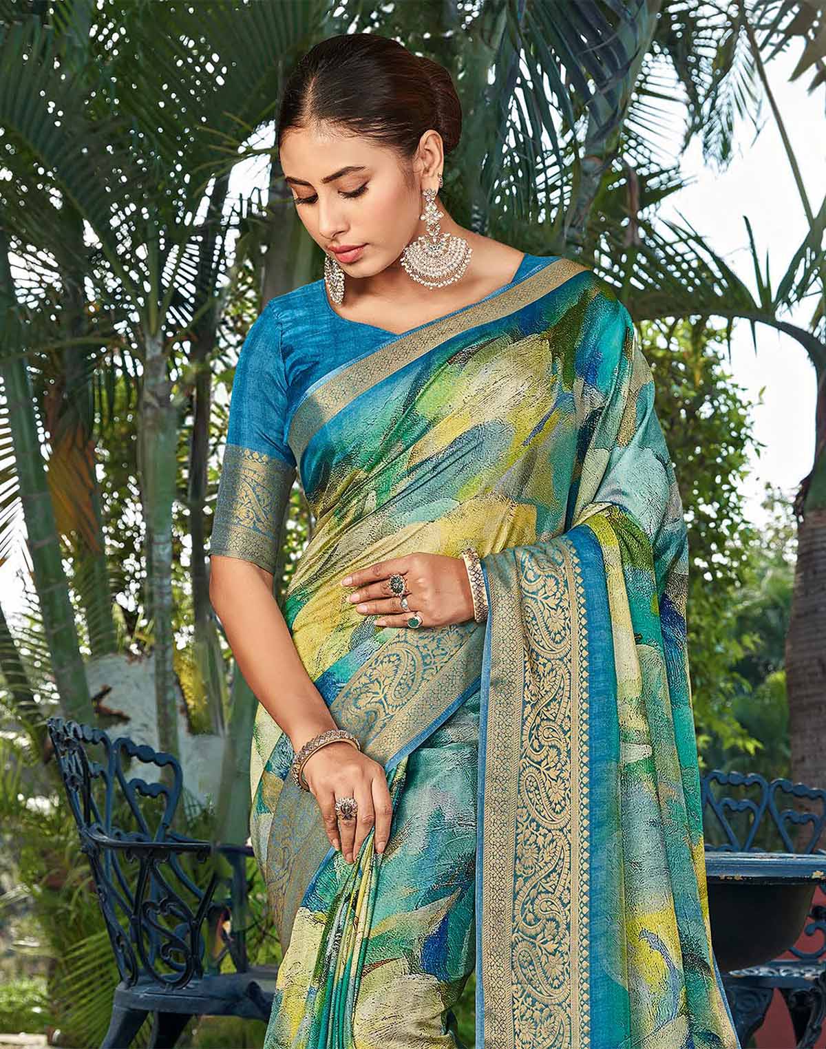 Teal Blue Graphic Print Party Wear Dola Silk Saree