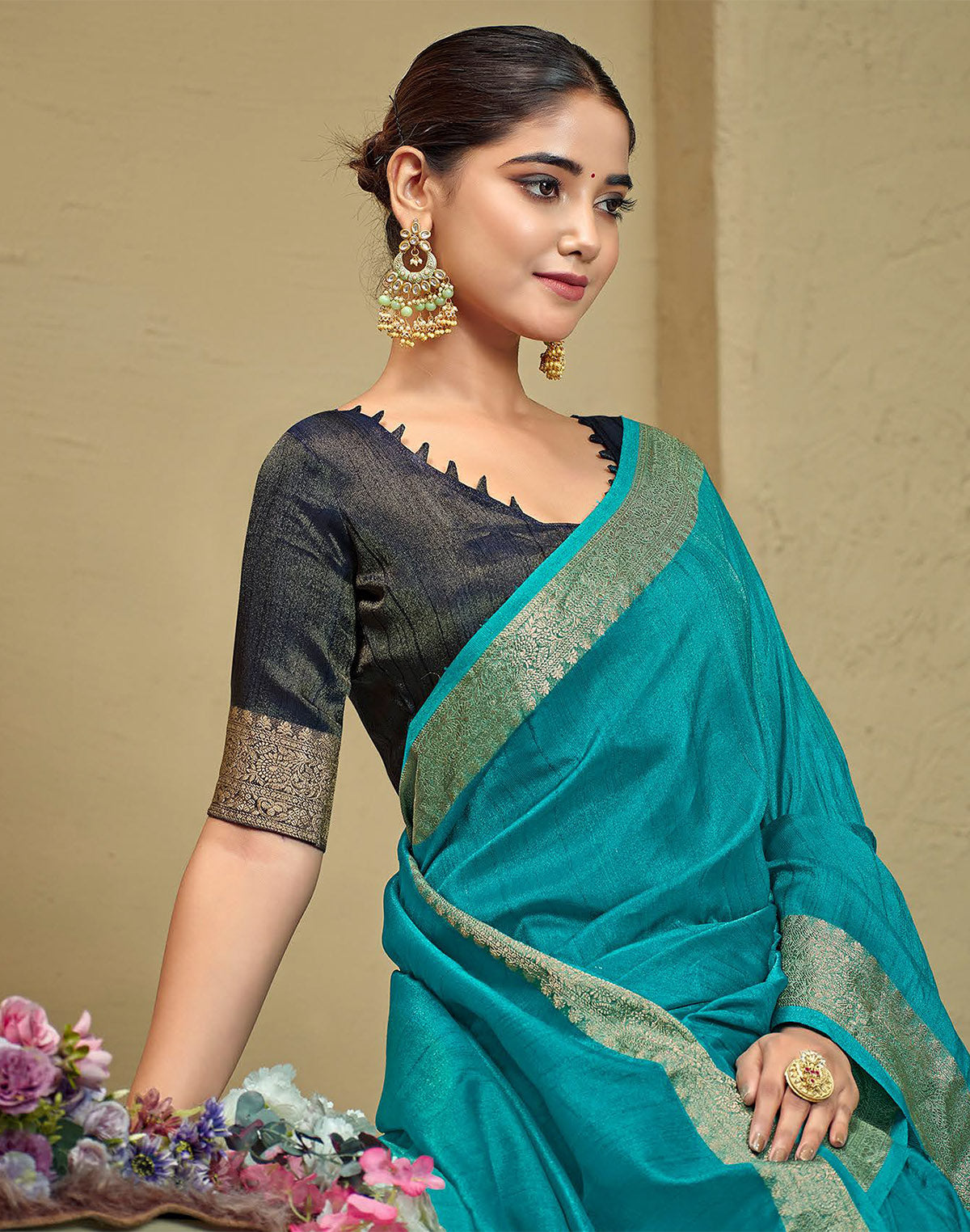 Collection of Sky Blue Raw Silk Plain Saree in a gallery layout