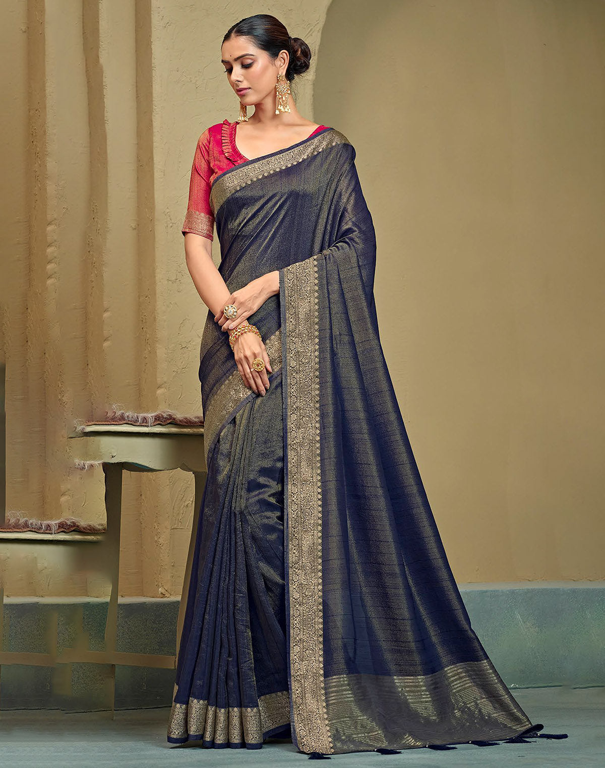 Navy Blue Raw Silk Plain Saree