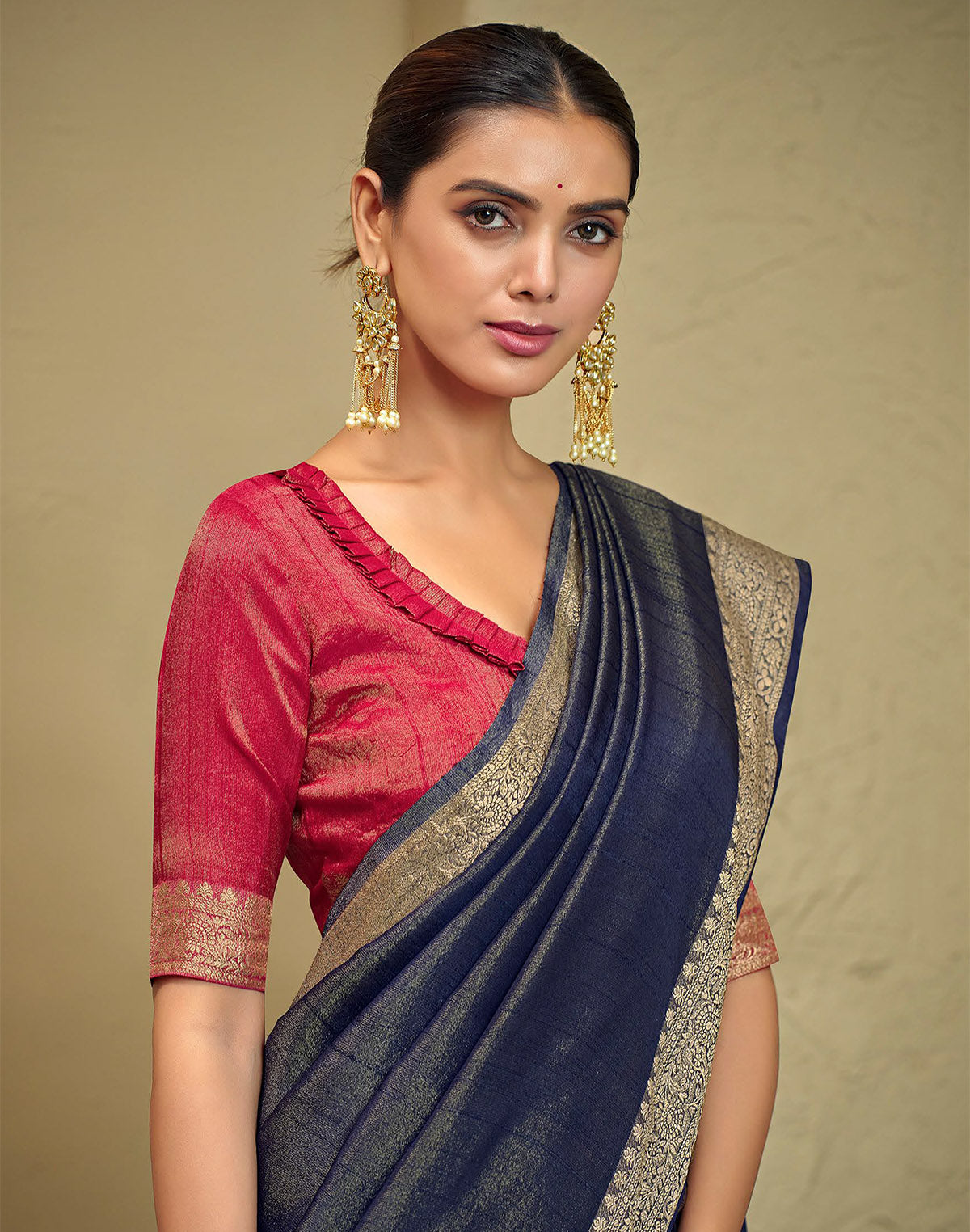 Navy Blue Raw Silk Plain Saree