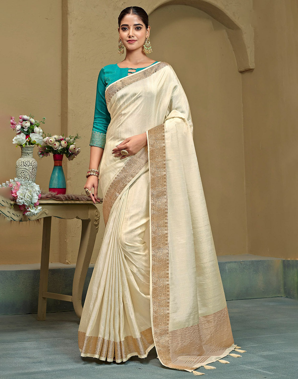 Cream Colored Plain Raw Silk Saree