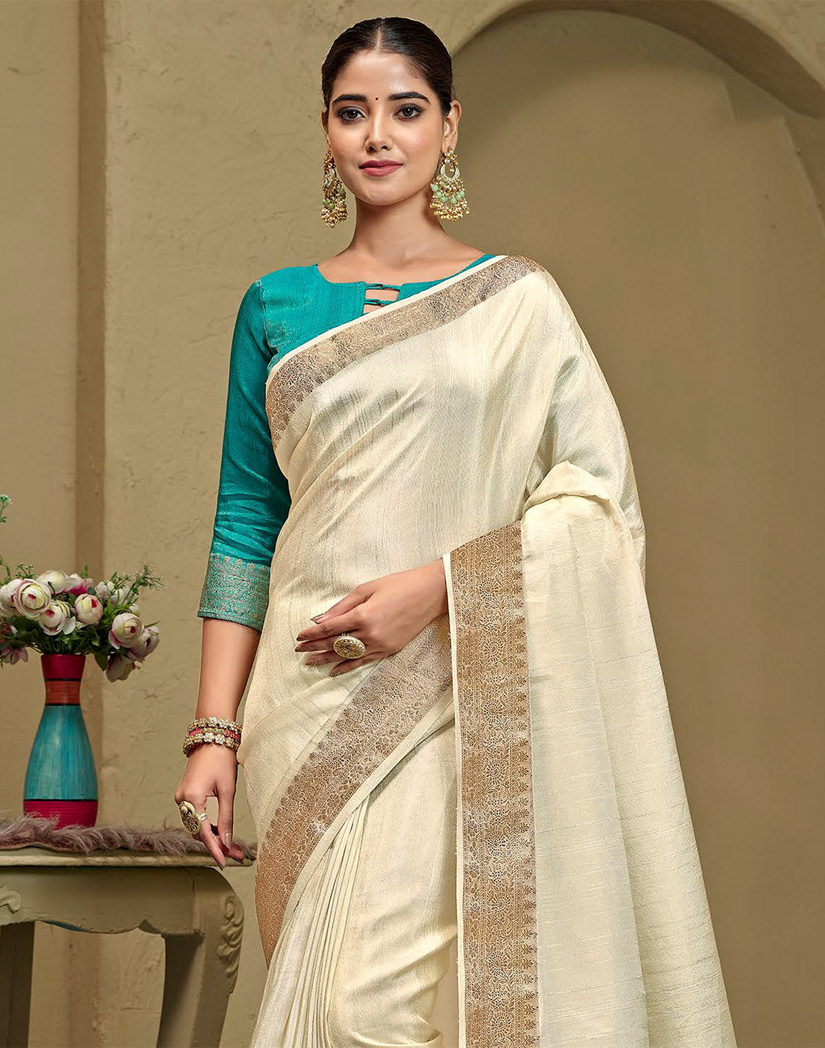 Cream Colored Plain Raw Silk Saree