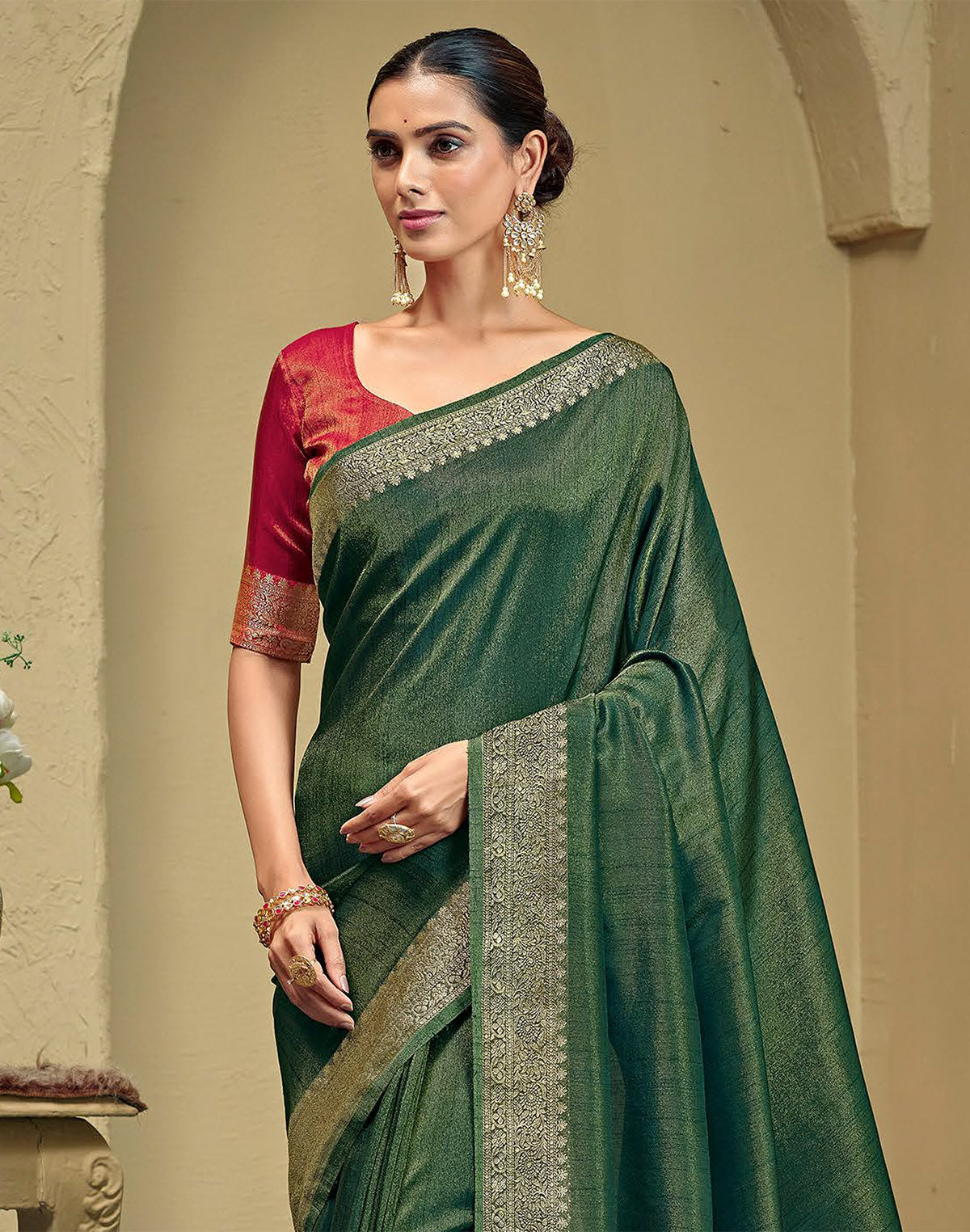 Collection of Green Raw Silk Festive Saree in a gallery layout