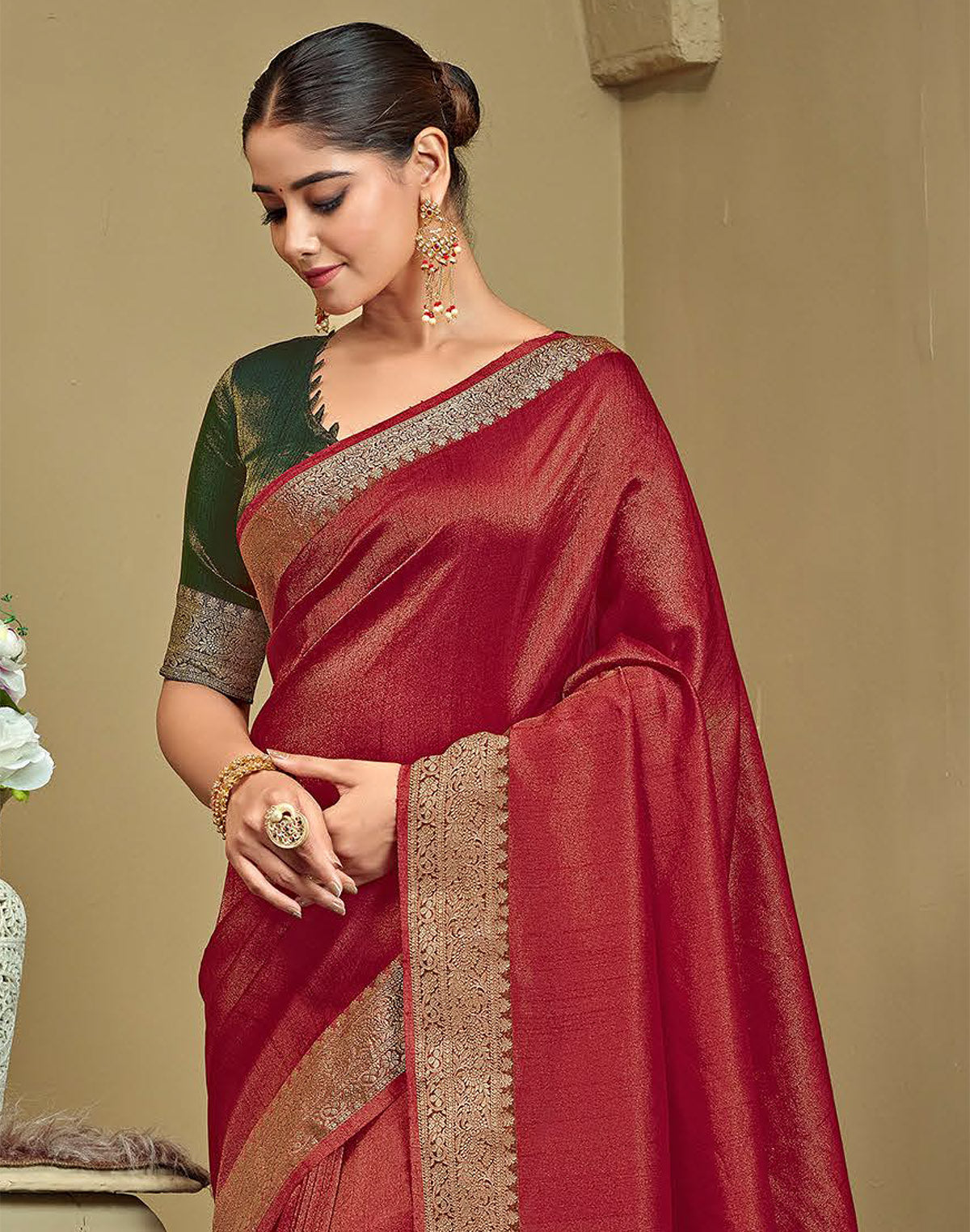 Raw Silk Plain Red Saree