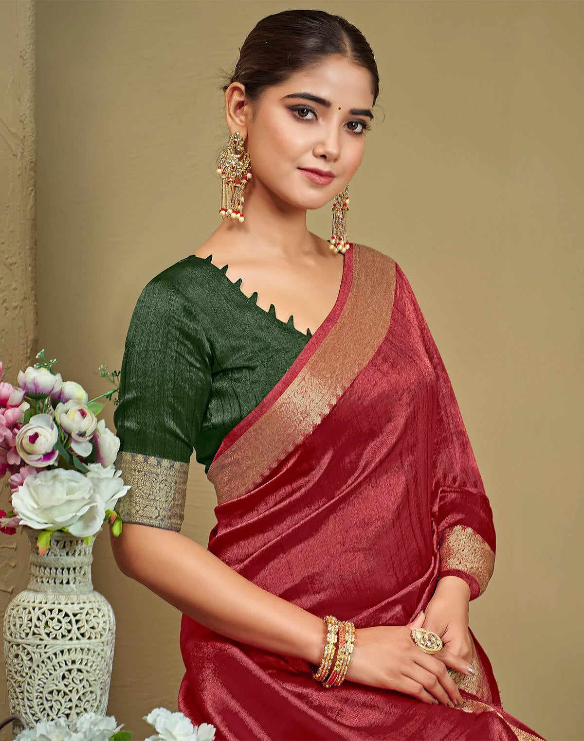 Collection of Raw Silk Plain Red Saree in a gallery layout