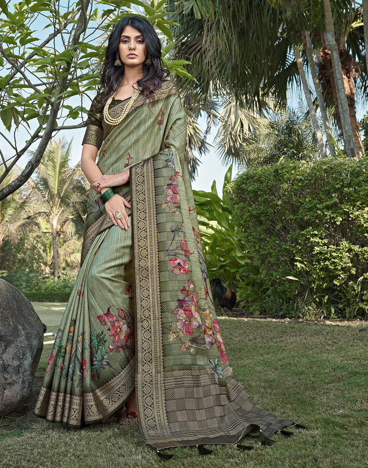 Collection of Light Green Digital Floral Print Dola Silk Saree in a gallery layout