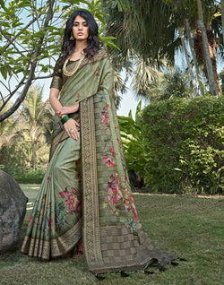 Collection of Light Green Digital Floral Print Dola Silk Saree in a gallery layout