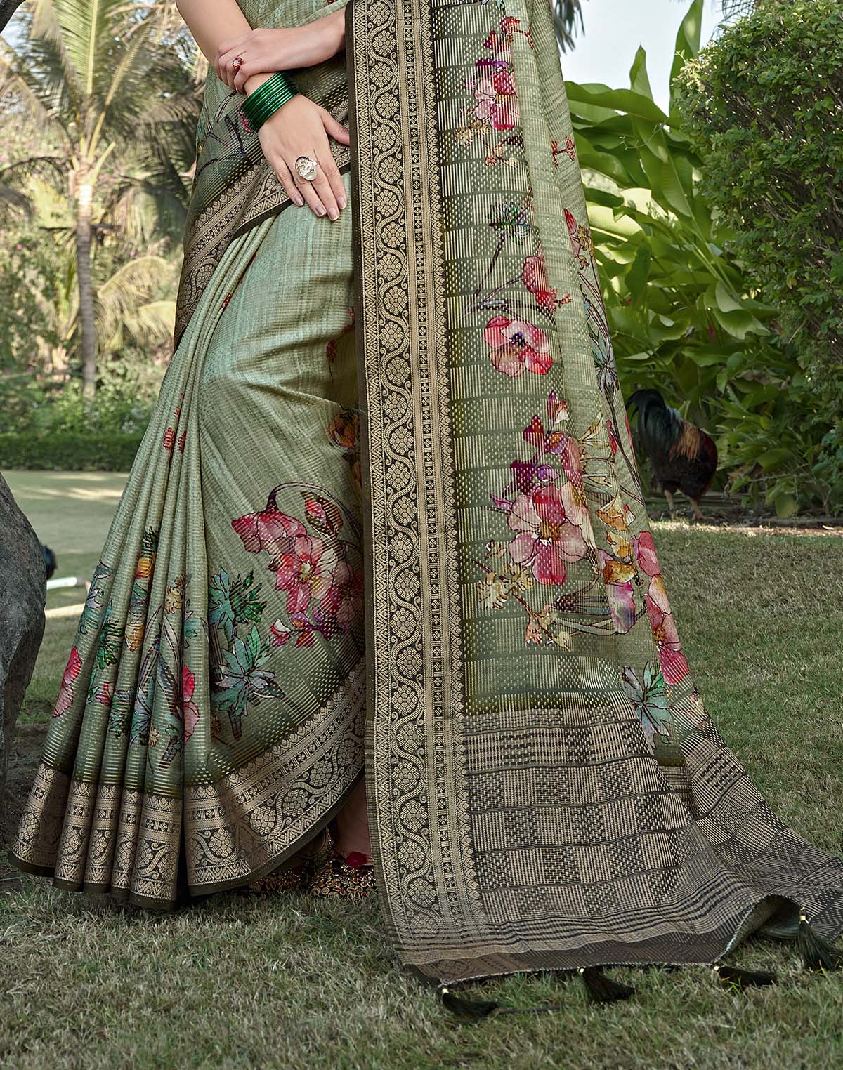 Collection of Light Green Digital Floral Print Dola Silk Saree in a gallery layout