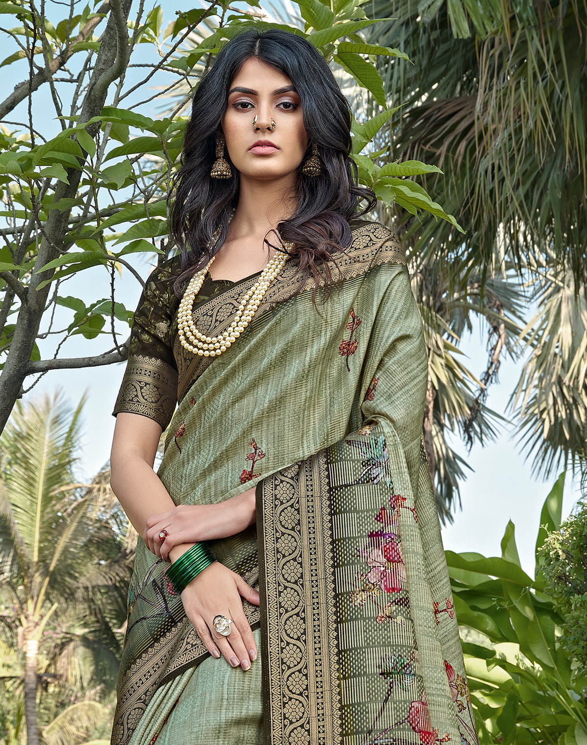 Light Green Digital Floral Print Dola Silk Saree