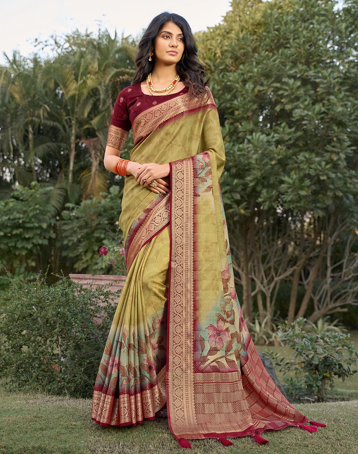 Collection of Light Yellow smooth Dola Silk Floral Print Saree in a gallery layout