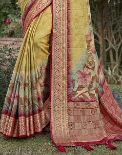 Collection of Light Yellow smooth Dola Silk Floral Print Saree in a gallery layout