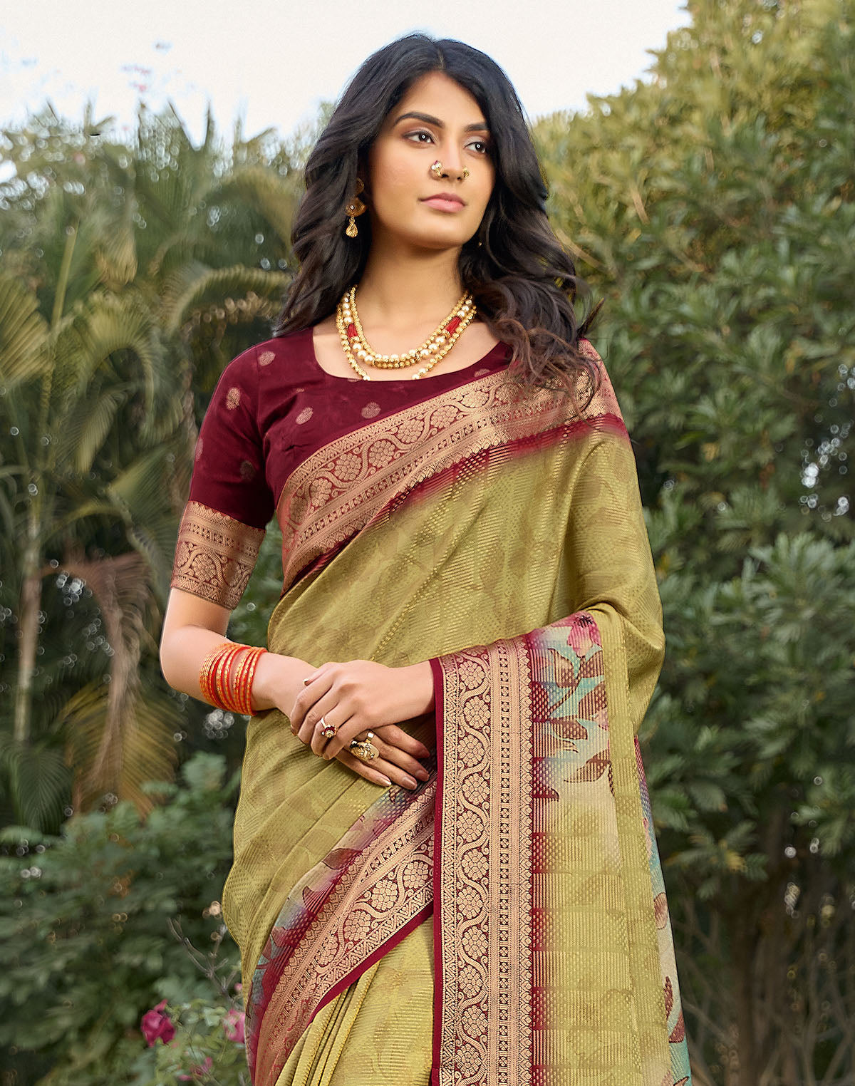 Collection of Light Yellow smooth Dola Silk Floral Print Saree in a gallery layout