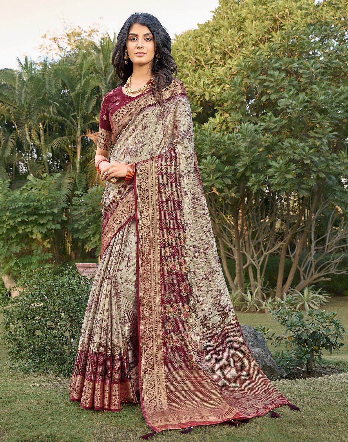 Collection of Digital Floral Print Beige Colour Dola Silk Saree in a gallery layout