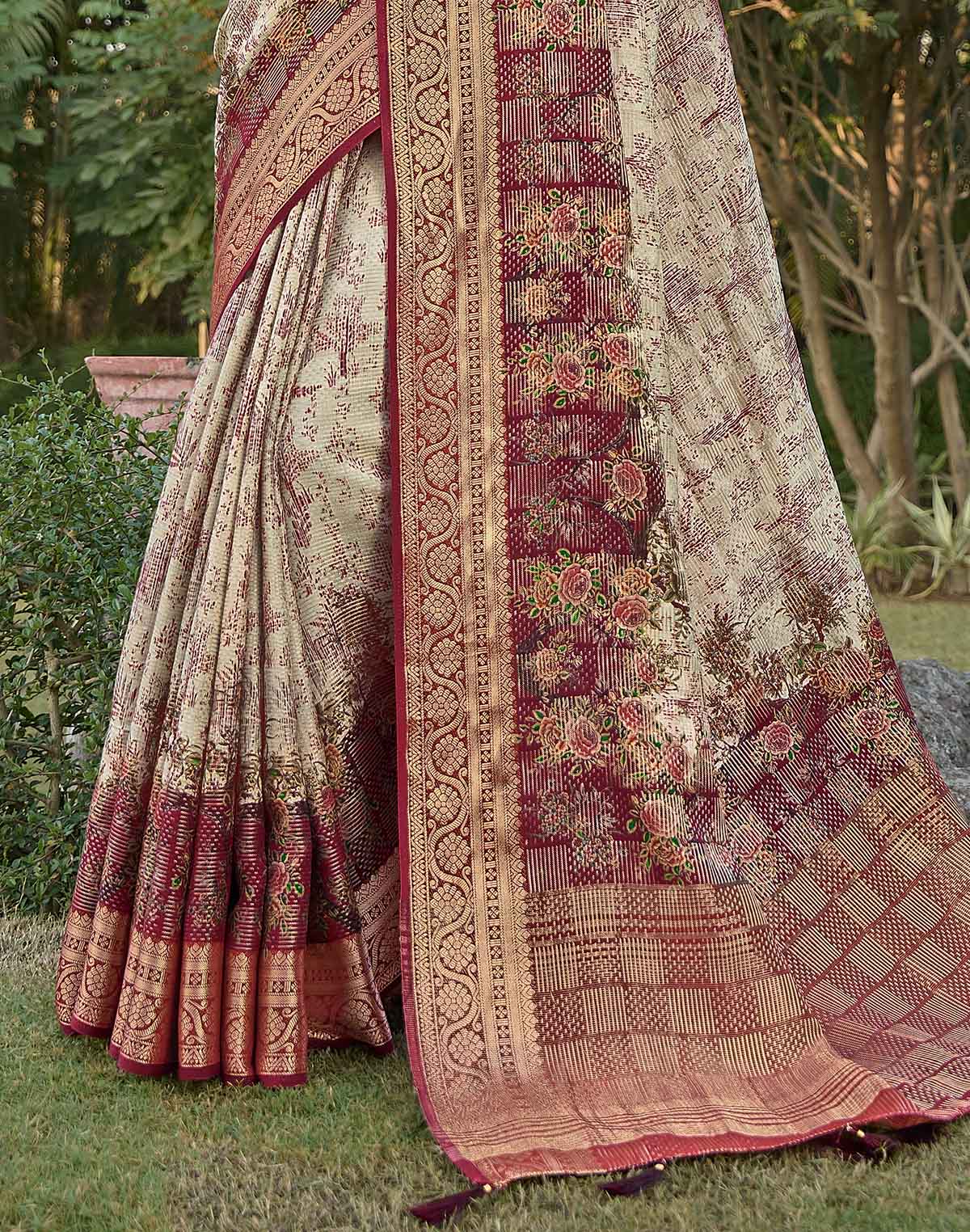 Digital Floral Print Beige Colour Dola Silk Saree