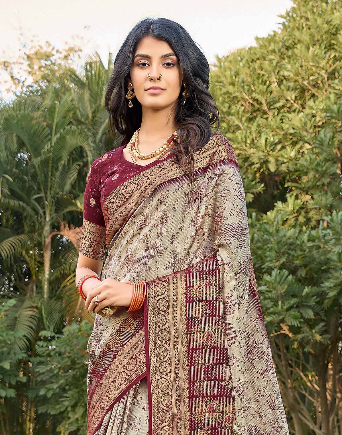 Digital Floral Print Beige Colour Dola Silk Saree