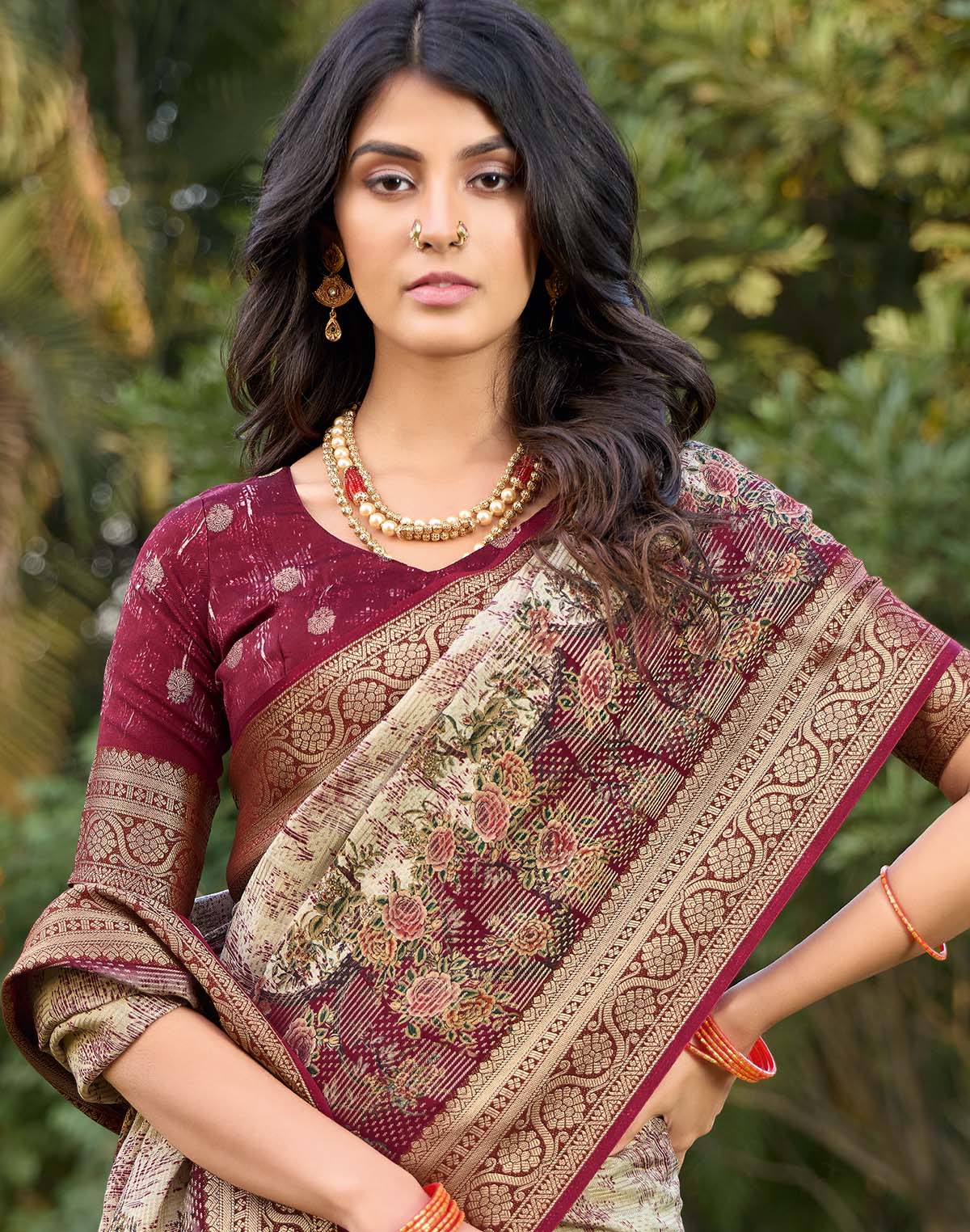 Collection of Digital Floral Print Beige Colour Dola Silk Saree in a gallery layout