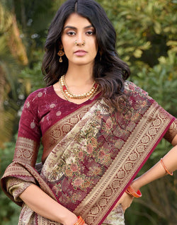 Collection of Digital Floral Print Beige Colour Dola Silk Saree in a gallery layout