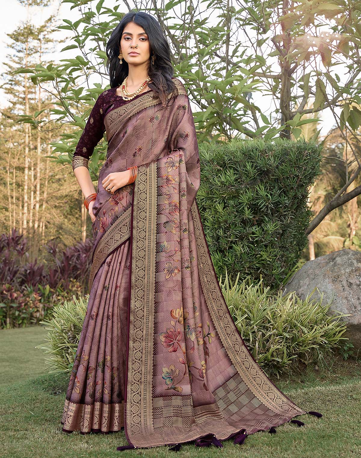 Collection of Light Pink Floral Print Dola Silk Saree in a gallery layout