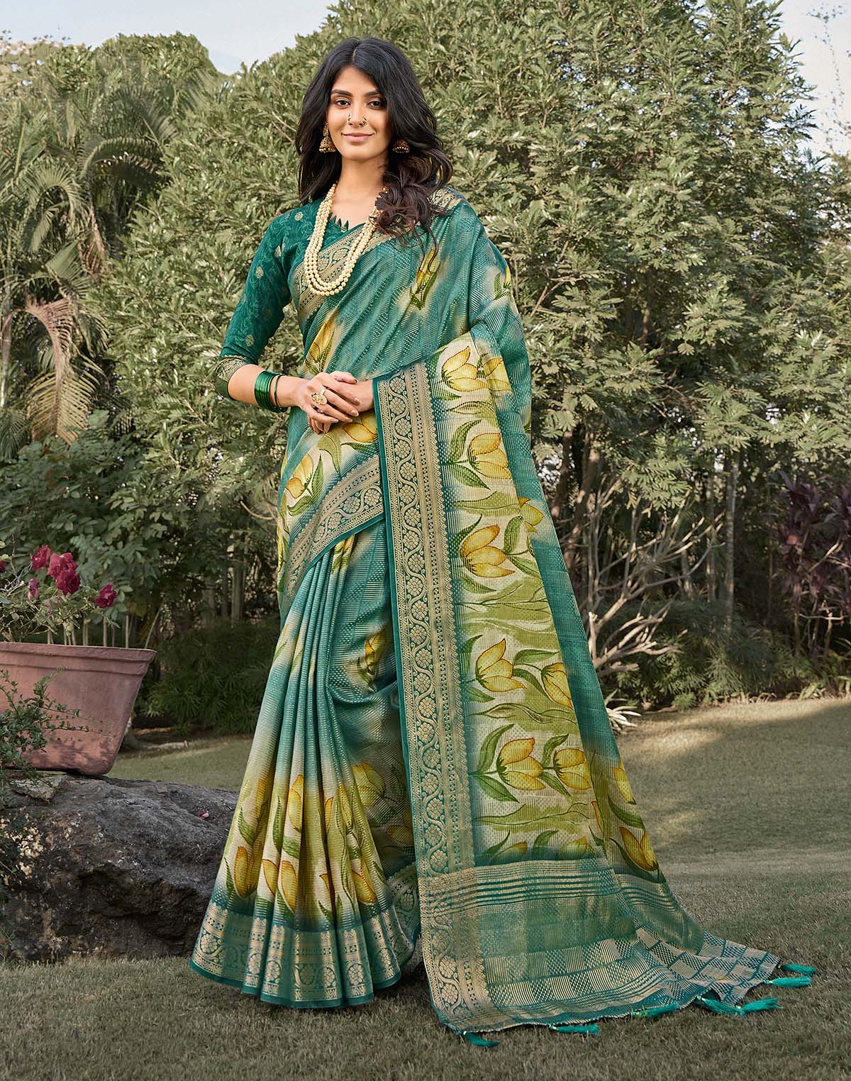 Collection of Rama Green Floral Digital Print Soft Dola Silk Saree in a gallery layout