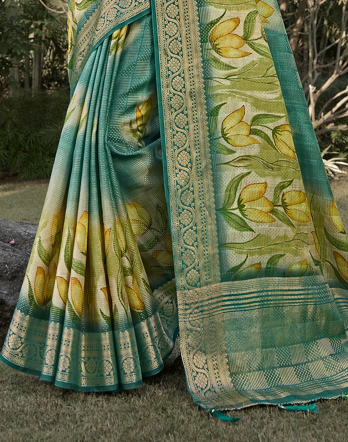 Collection of Rama Green Floral Digital Print Soft Dola Silk Saree in a gallery layout