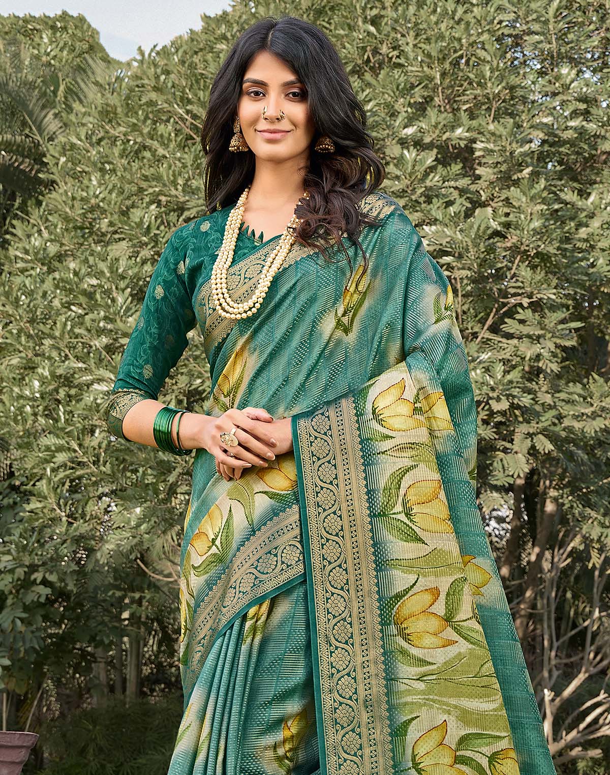 Collection of Rama Green Floral Digital Print Soft Dola Silk Saree in a gallery layout