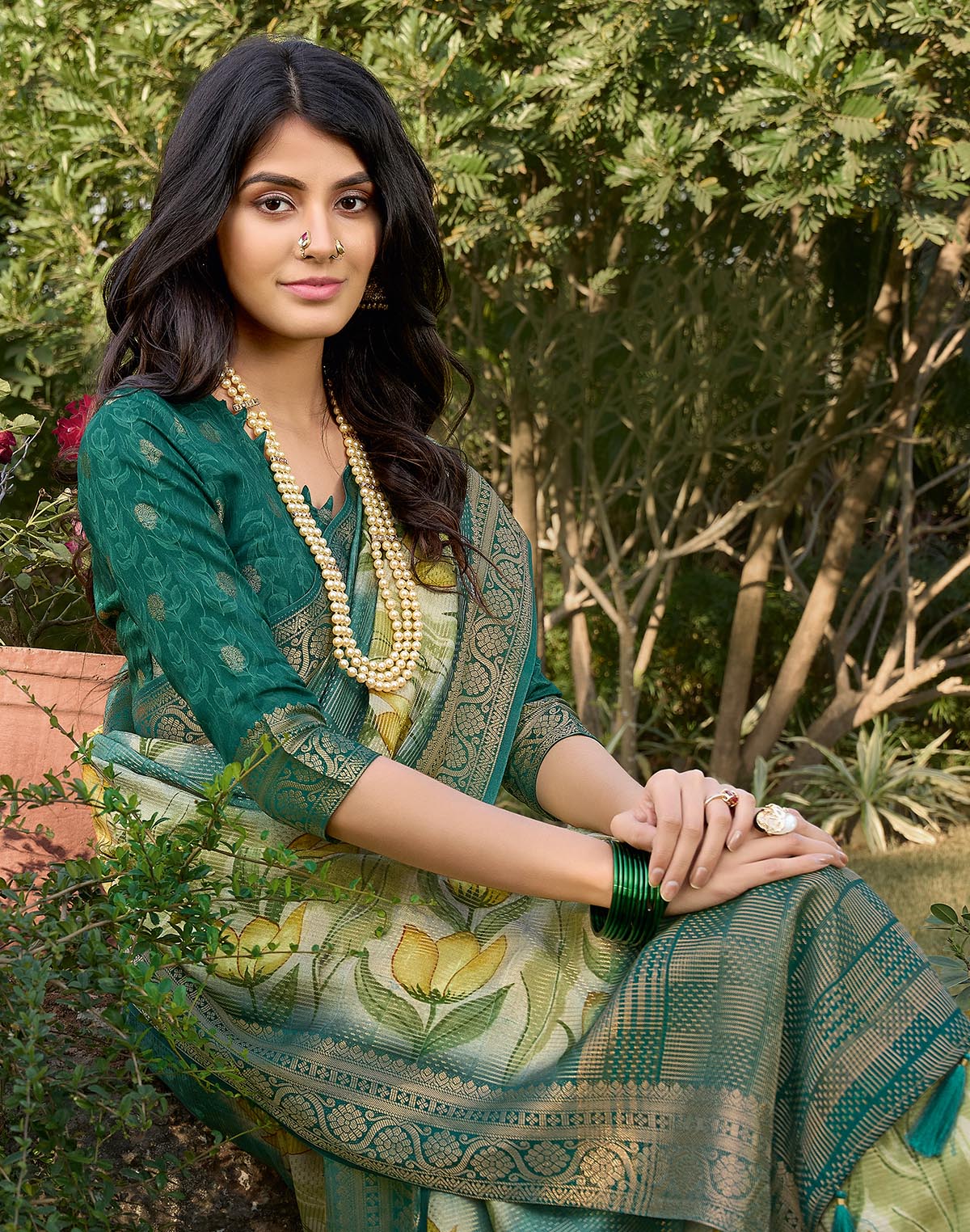 Rama Green Floral Digital Print Soft Dola Silk Saree