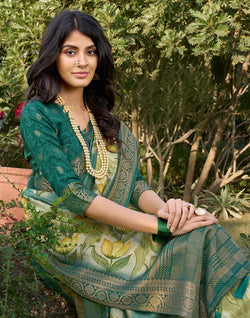 Collection of Rama Green Floral Digital Print Soft Dola Silk Saree in a gallery layout