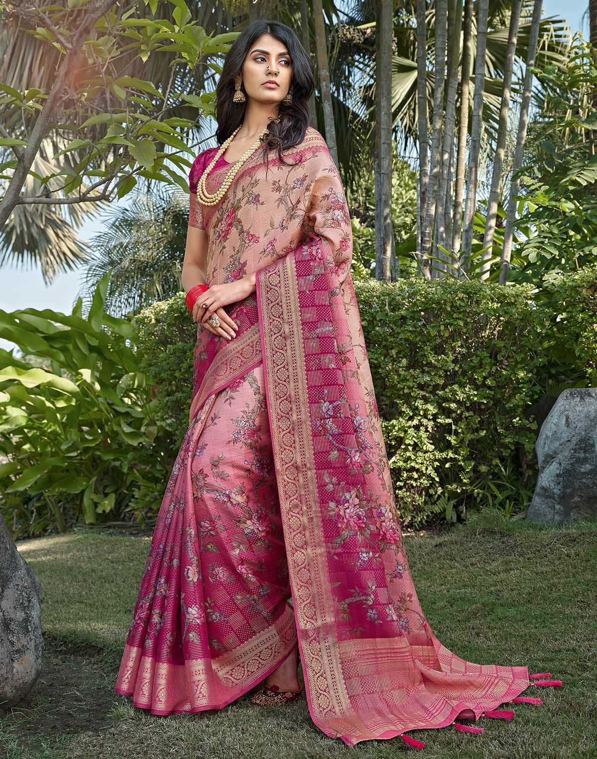 Collection of Light Pink all over Floral design Dola Silk Saree in a gallery layout