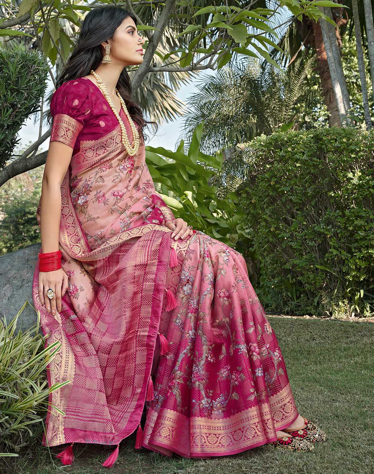 Collection of Light Pink all over Floral design Dola Silk Saree in a gallery layout