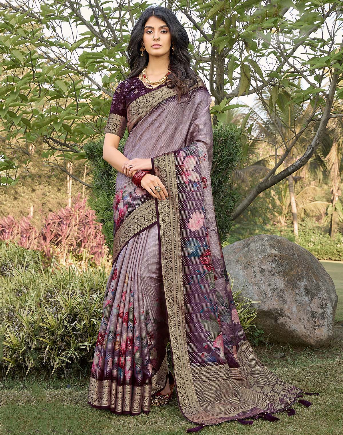 Collection of Light Purple Floral Motifs Dola Silk Classic Saree in a gallery layout