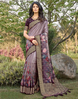 Collection of Light Purple Floral Motifs Dola Silk Classic Saree in a gallery layout