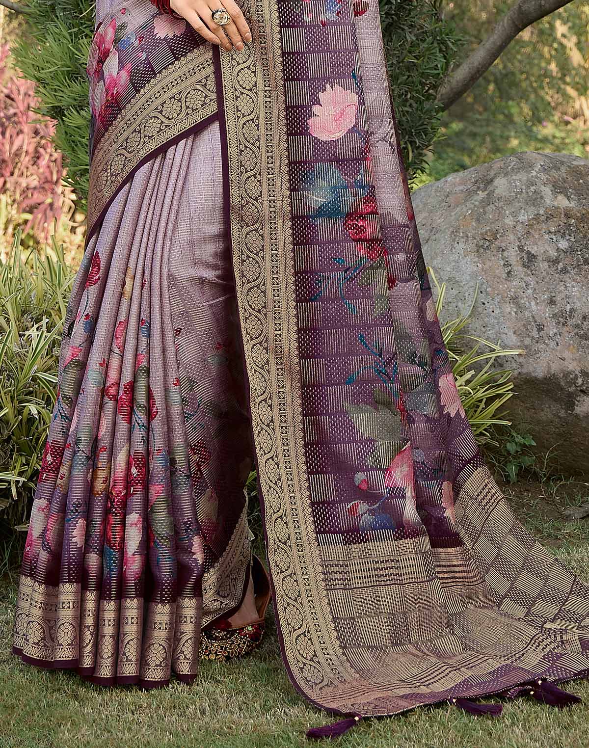 Collection of Light Purple Floral Motifs Dola Silk Classic Saree in a gallery layout