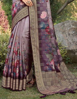 Collection of Light Purple Floral Motifs Dola Silk Classic Saree in a gallery layout