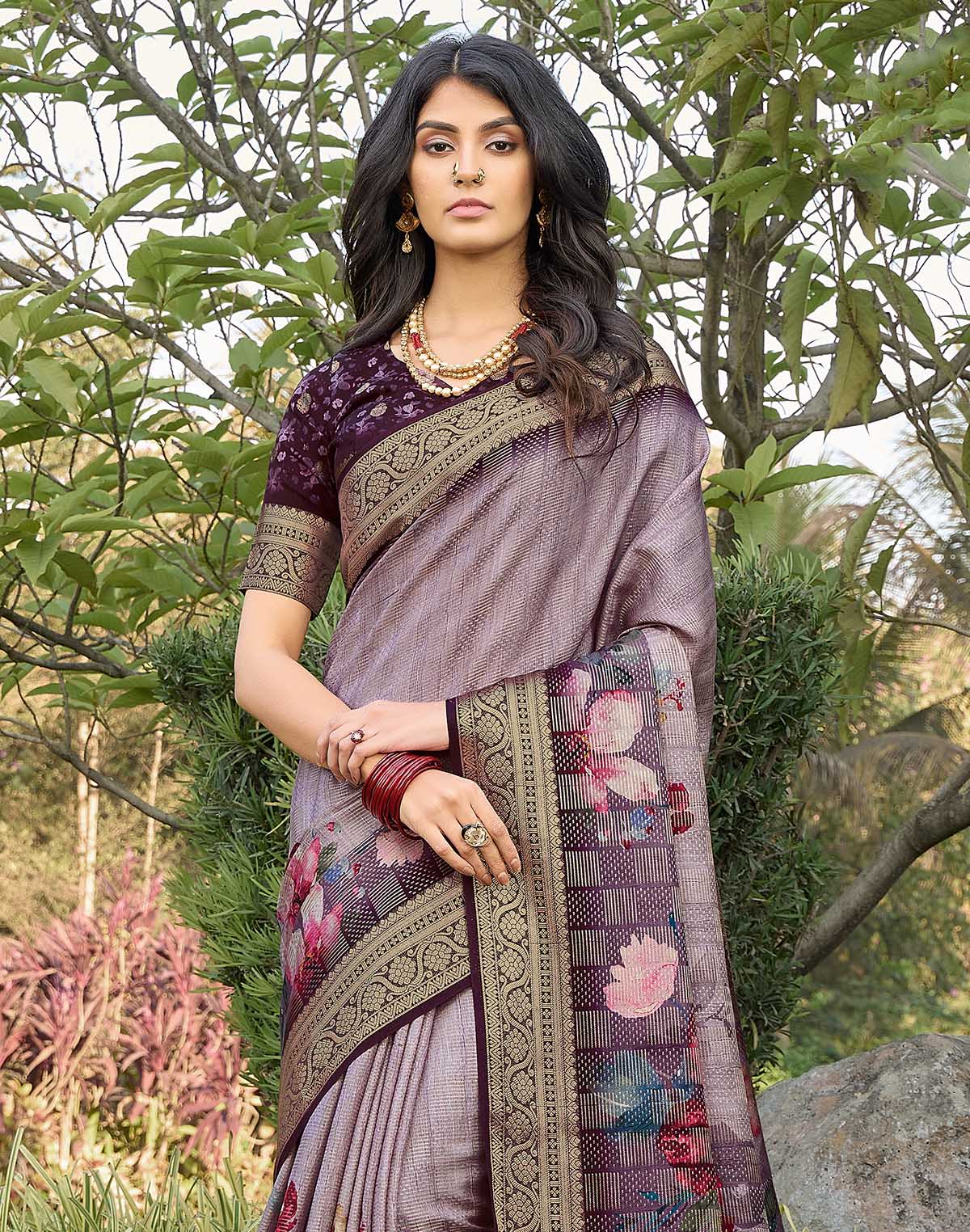 Collection of Light Purple Floral Motifs Dola Silk Classic Saree in a gallery layout