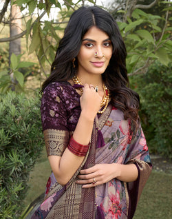 Collection of Light Purple Floral Motifs Dola Silk Classic Saree in a gallery layout