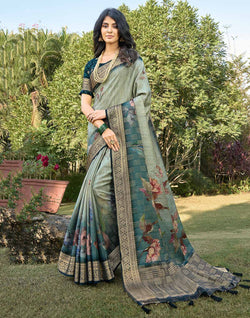 Collection of Soft Dola Silk Light Grey Saree with Floral Print in a gallery layout