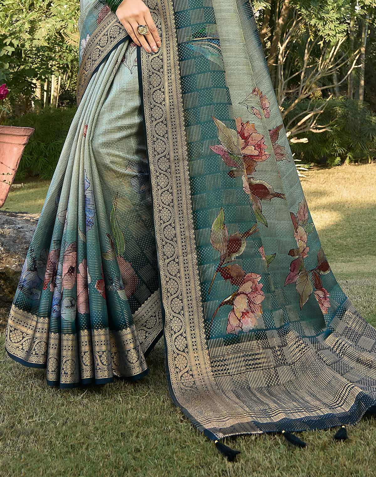 Collection of Soft Dola Silk Light Grey Saree with Floral Print in a gallery layout