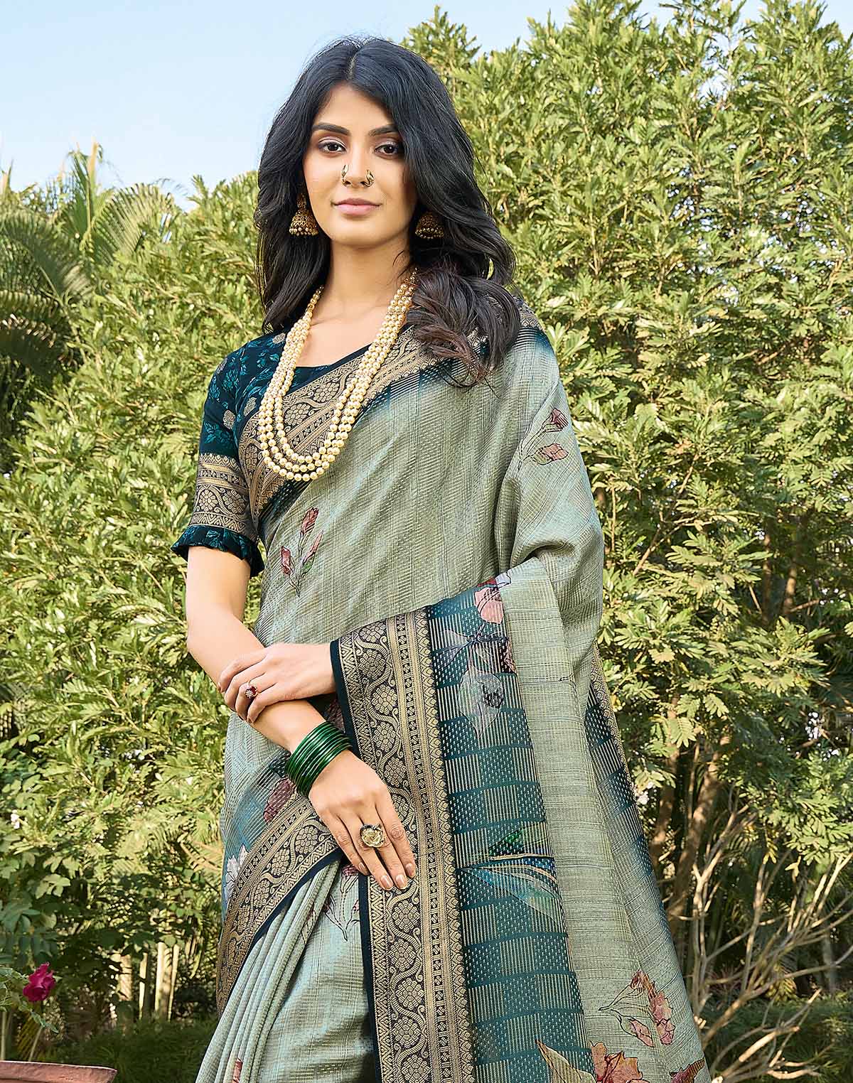 Collection of Soft Dola Silk Light Grey Saree with Floral Print in a gallery layout