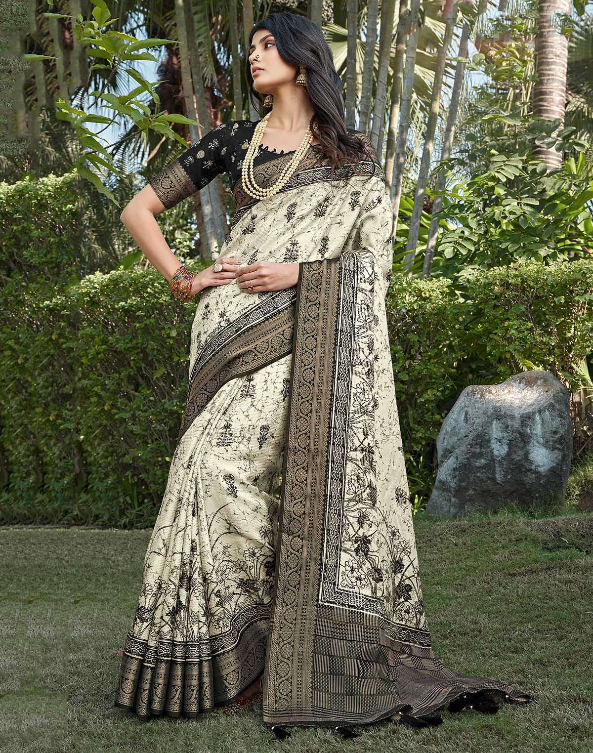 Off White Floral bunches Soft Dola Silk Saree