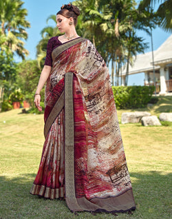 Collection of Maroon Graphic Print Dola Silk Saree in a gallery layout