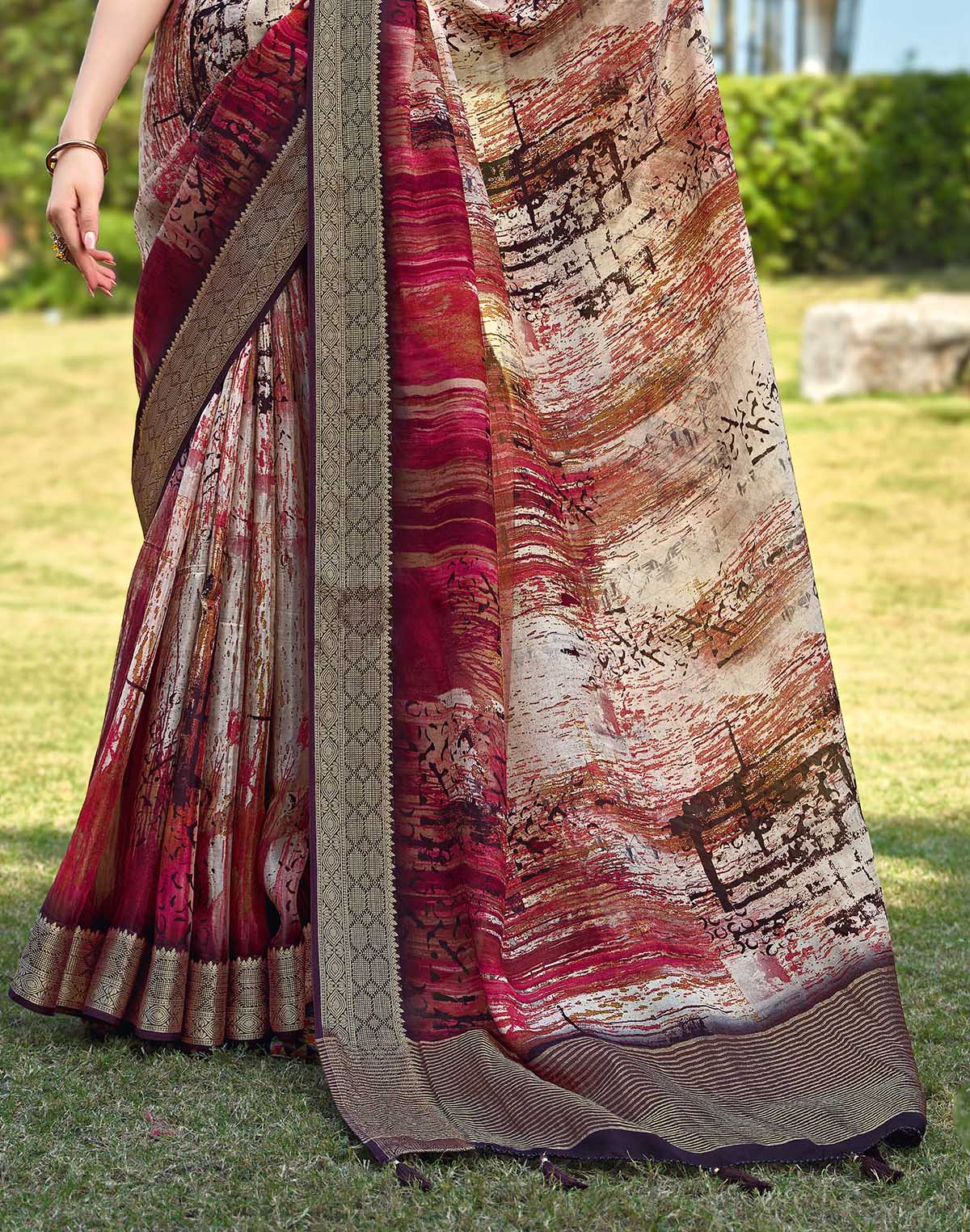 Collection of Maroon Graphic Print Dola Silk Saree in a gallery layout