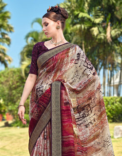 Collection of Maroon Graphic Print Dola Silk Saree in a gallery layout