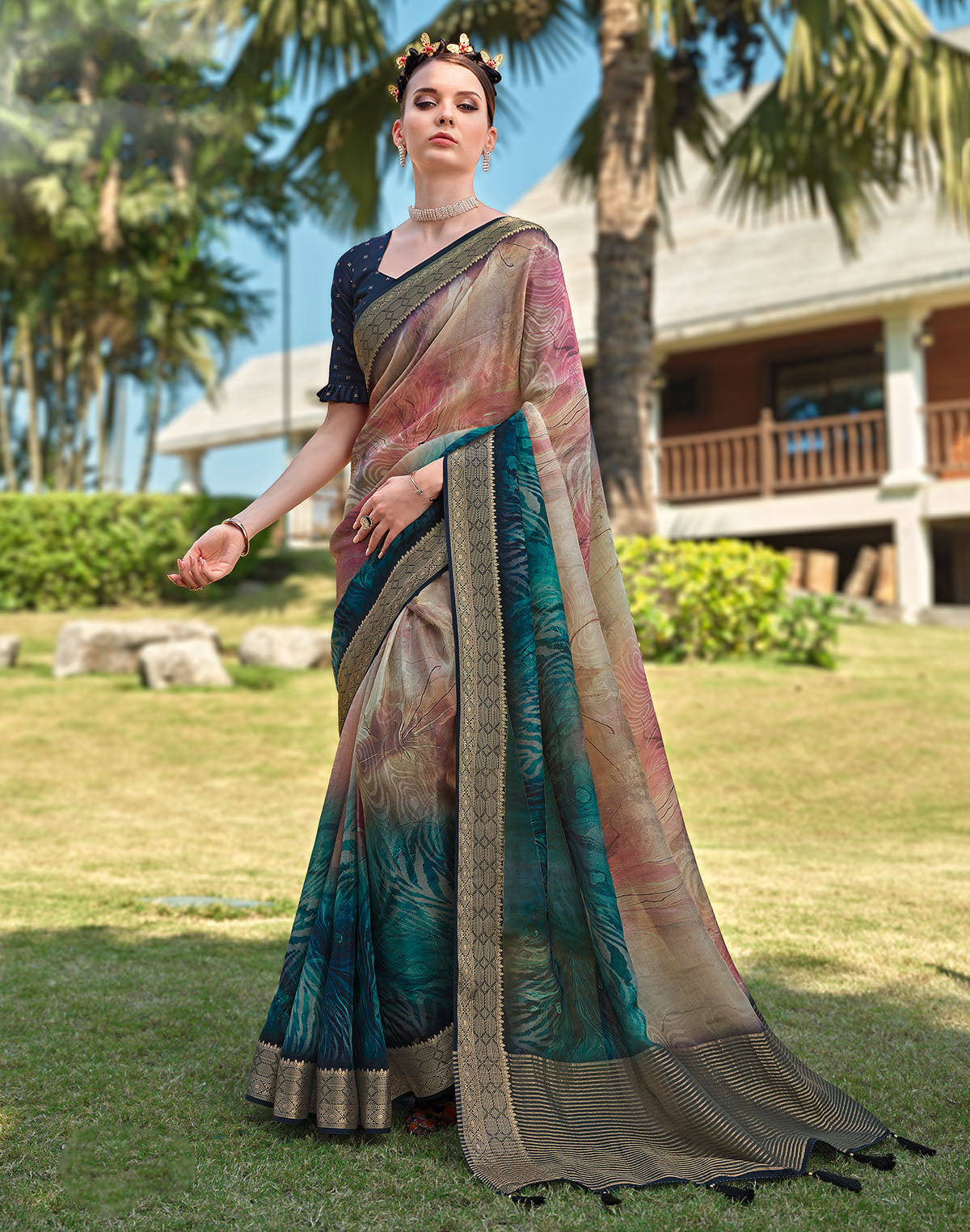 Graphic design smooth Dola Silk Beige Saree