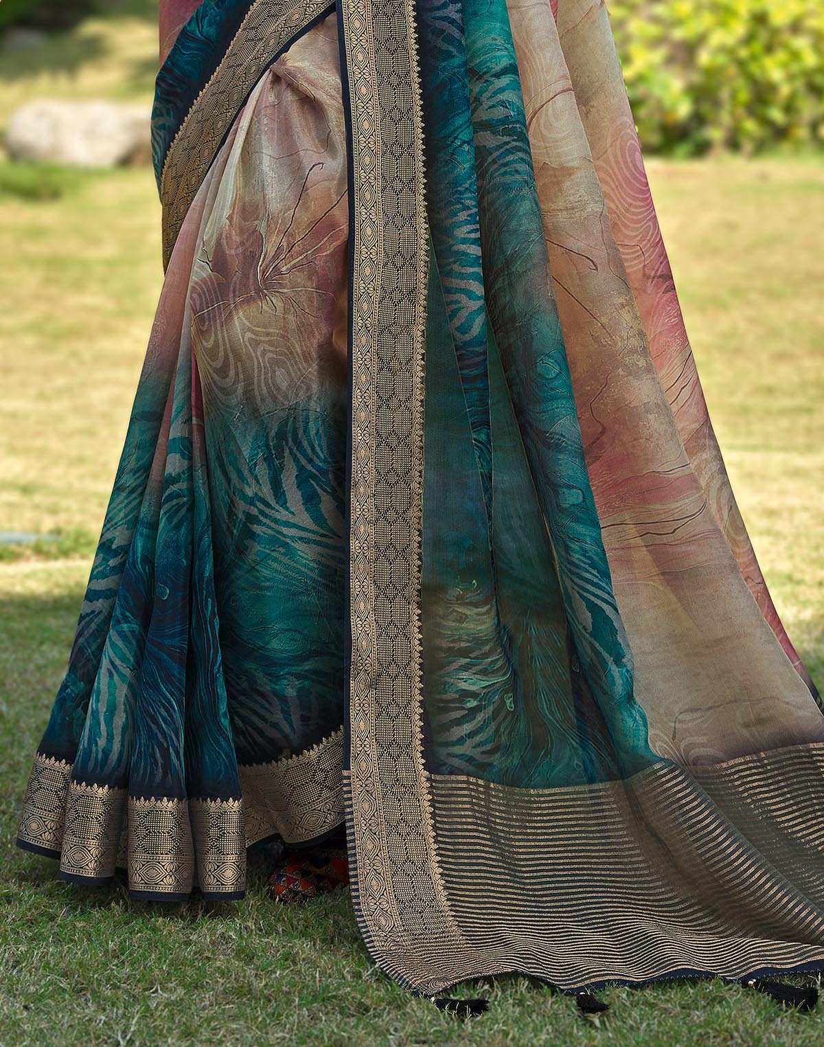 Collection of Graphic design smooth Dola Silk Beige Saree in a gallery layout