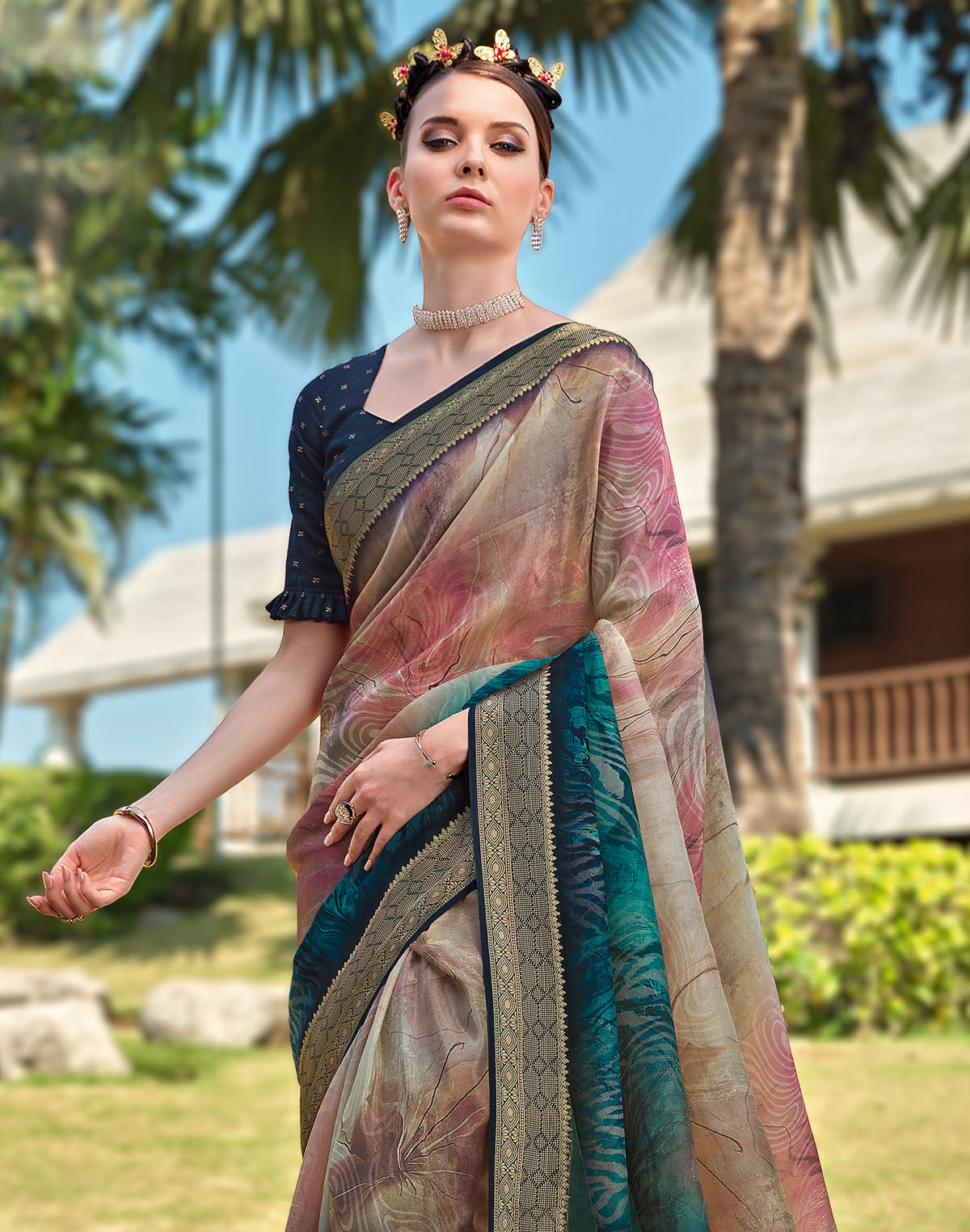 Collection of Graphic design smooth Dola Silk Beige Saree in a gallery layout