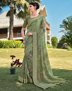 Collection of Olive Green Floral Motifs Dola Silk Saree in a gallery layout