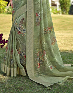 Collection of Olive Green Floral Motifs Dola Silk Saree in a gallery layout